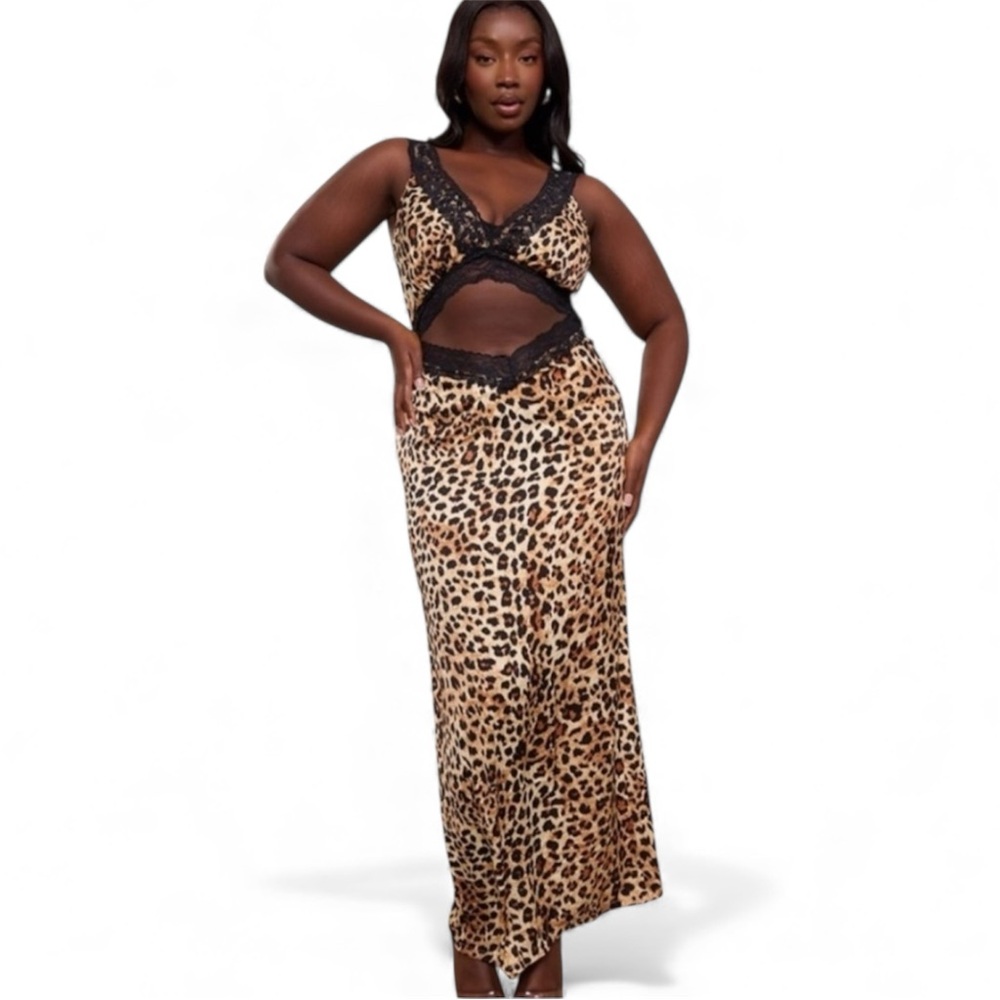 NWT PrettyLittleThing Plus Leopard Satin Lace Cut Out Maxi Dress Size 18